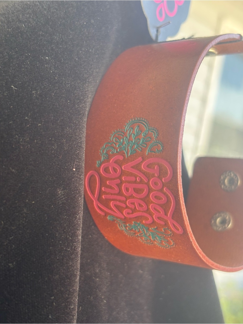 paparazzi Brown Leather Cuff Bracelet with Pink & Teal Embossed Script